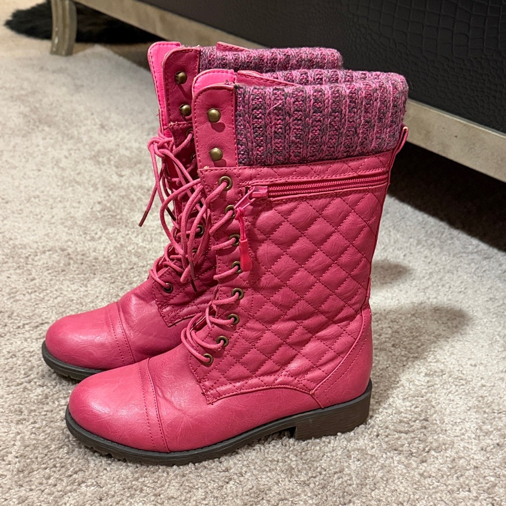 Pink Quilted Lace-Up Boots